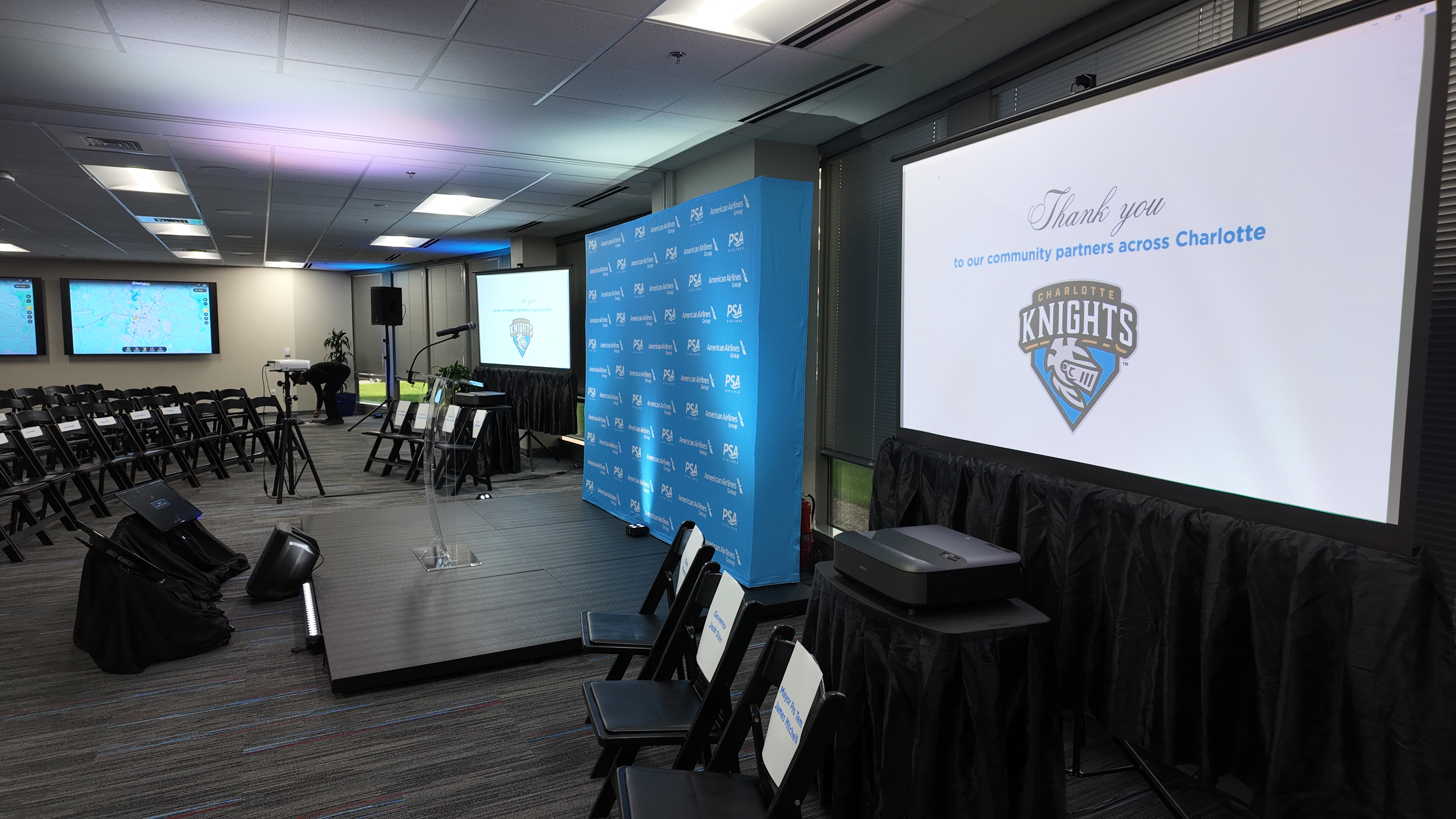 PSA Airlines grand opening stage and podium setup Charlotte NC